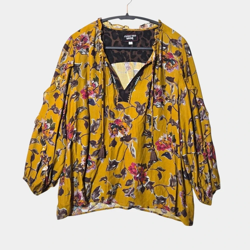 Johnny Was Ruffle Detail Floral Peasant Blouse Boho‎ Cottagecore Yellow XS